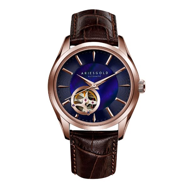 ARIES GOLD AUTOMATIC INFINUM ROSE GOLD BROWN LEATHER STRAP L 9023 RG-BU STAINLESS STEEL WOMEN'S WATCH